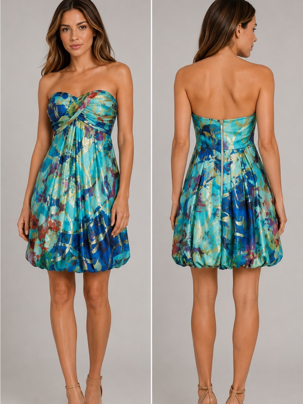 Vintage Y2K Cache Silk Metallic Bubble Hem Strapless Dress Sz 2